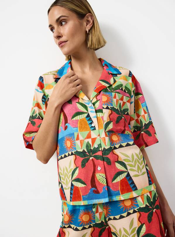 Beach Print Linen Blend Revere Neck Shirt 12